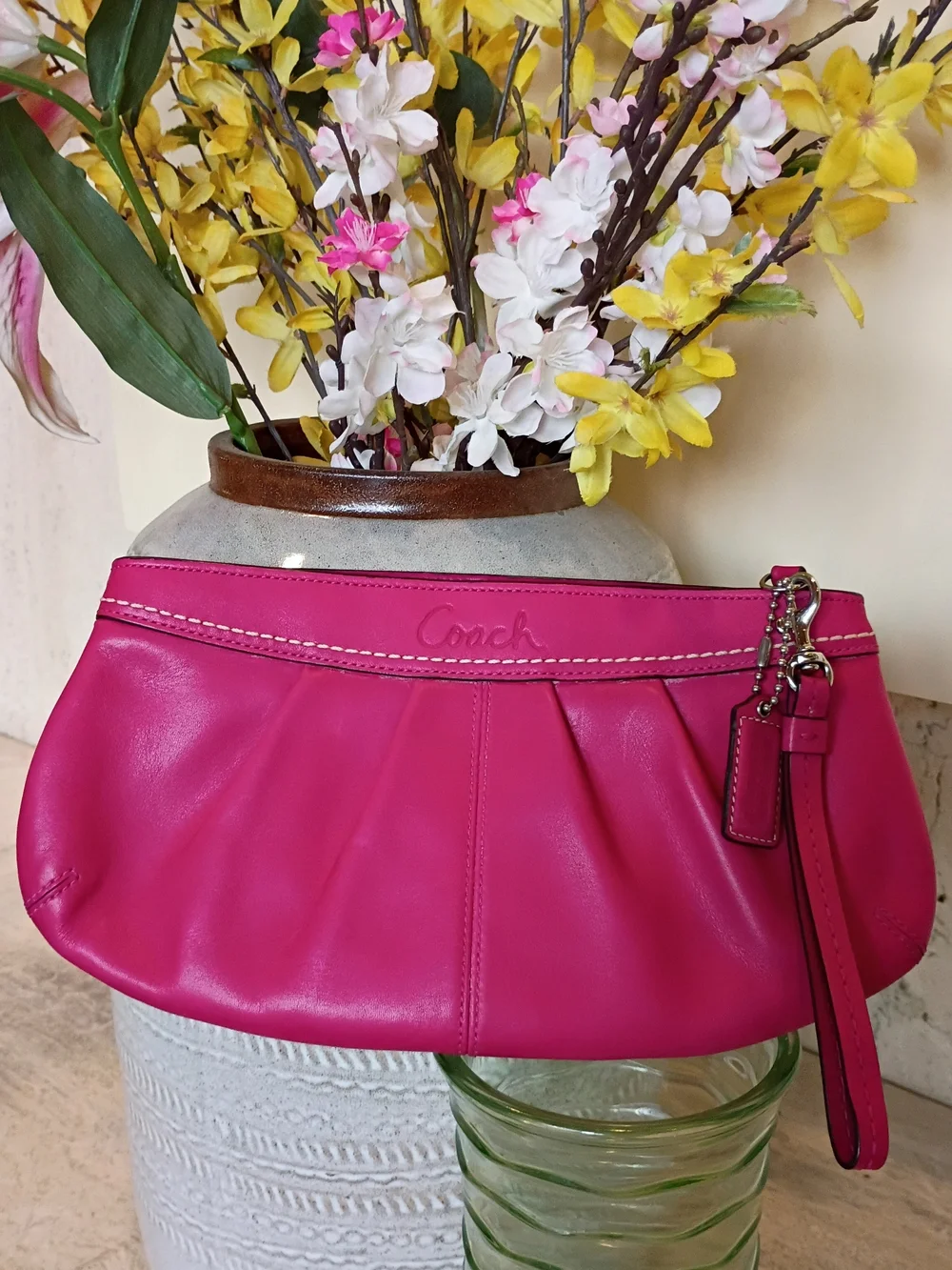 Coach Vintage Pleated Leather Large Wristlet in Fucsia